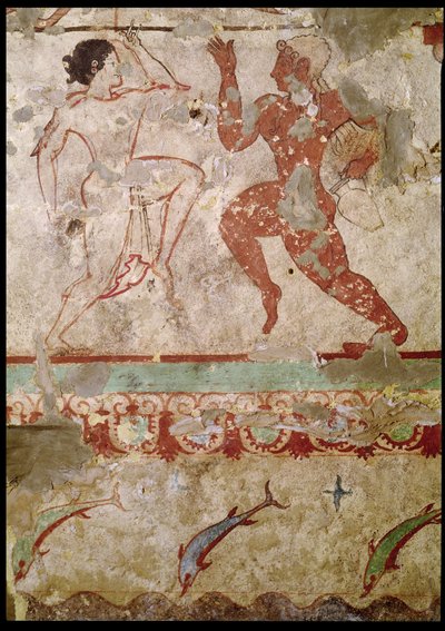 Zwei Tänzer und Delfine, die durch Wellen springen, Fries aus dem Grab der Löwinnen in der Nekropole von Etruscan